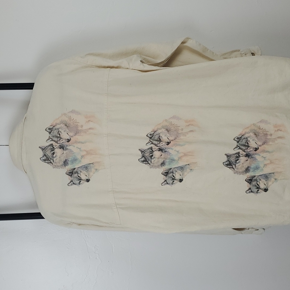 Vintage Three Rivers cotton graphic wolf long sleeve shirt men buttons up size M